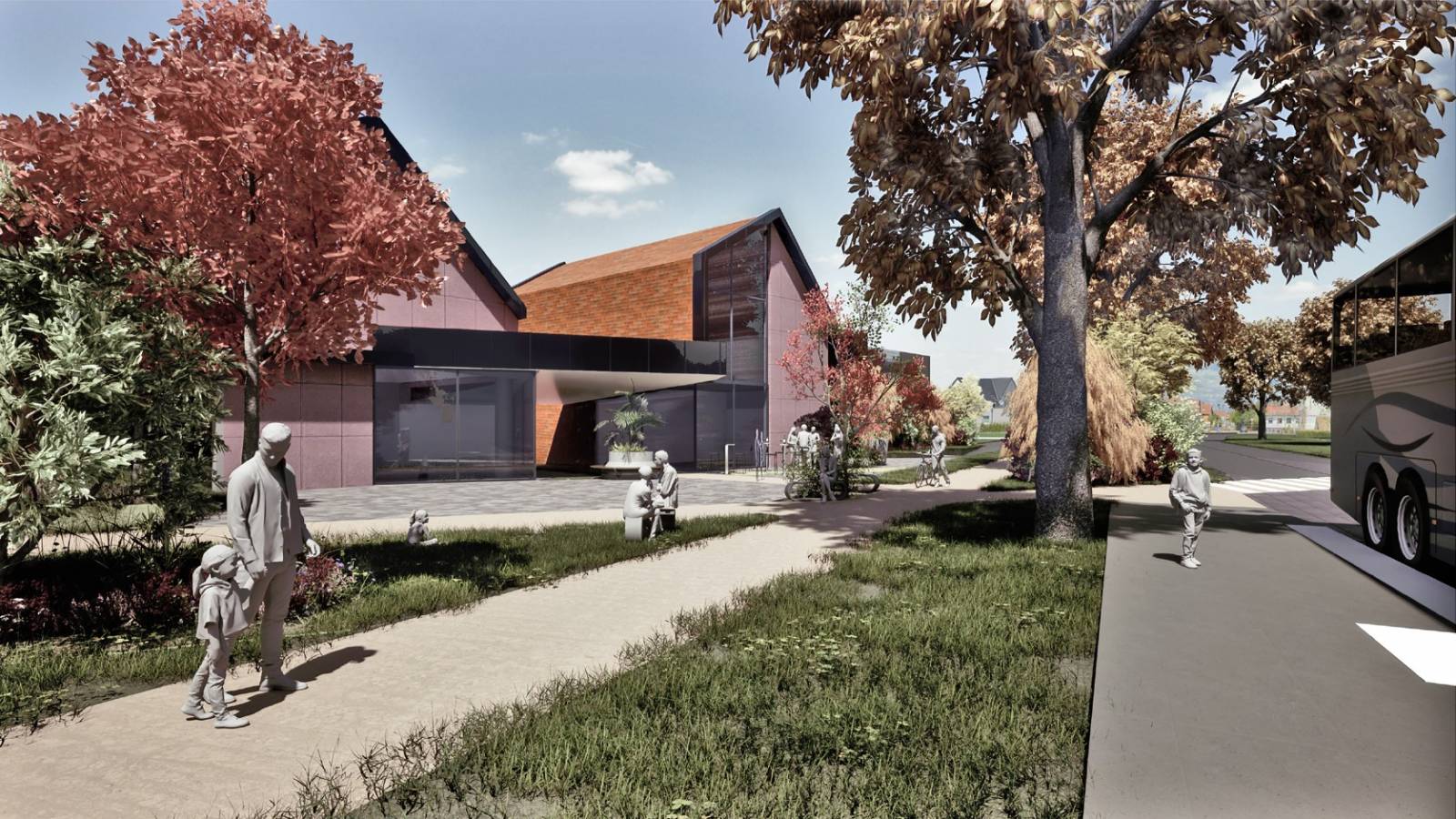 Perspective sur le parvis et bâtiments tertiaires